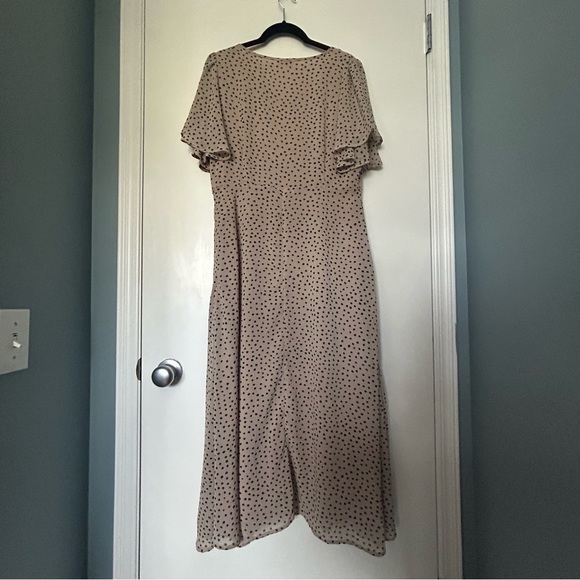 Roolee Tan Polka Dot Feminine A-line Flutter Sleeve Maxi Dress - Picture 2 of 14